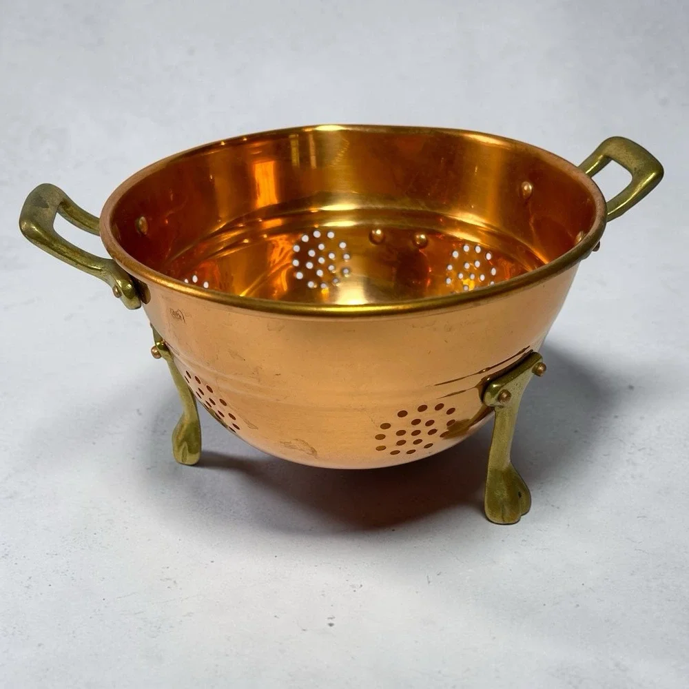 Vintage Cottage Copper And Brass Claw Footed Colander Strainer Handles 3.5